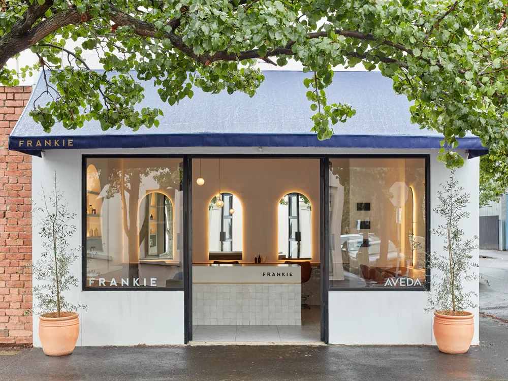 Frankie Salon South Yarra — 3 Powell Street shopfront with FRANKIE and AVEDA windows